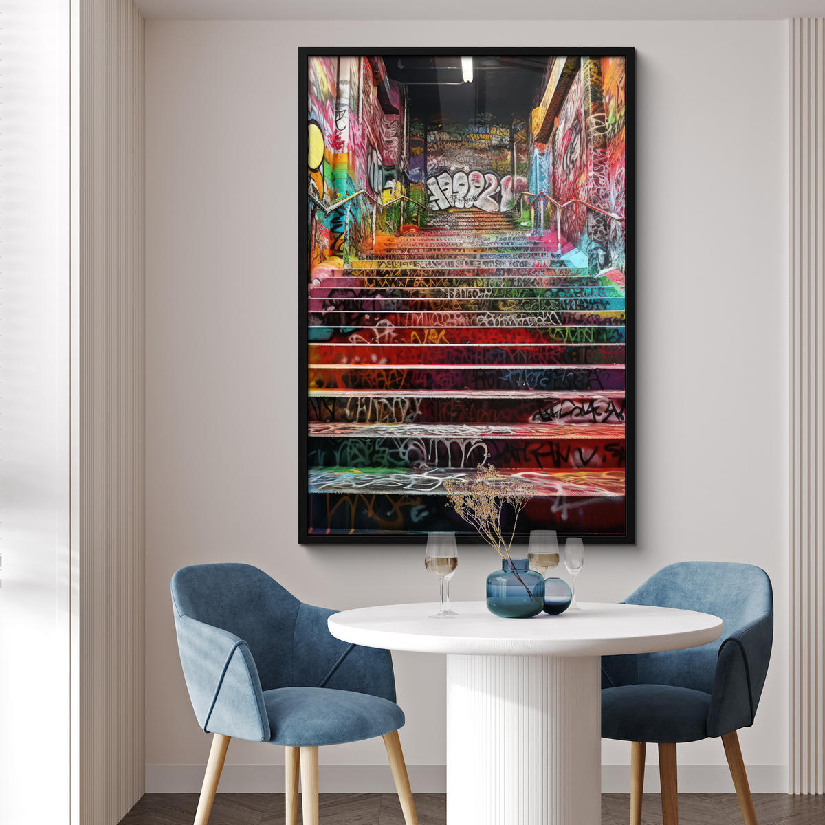 GERAHMTES BILD Treppe - Graffiti - Farben - Kunst 80x120 cm - Multicolor, Papier (80/120cm) - MuchoWow