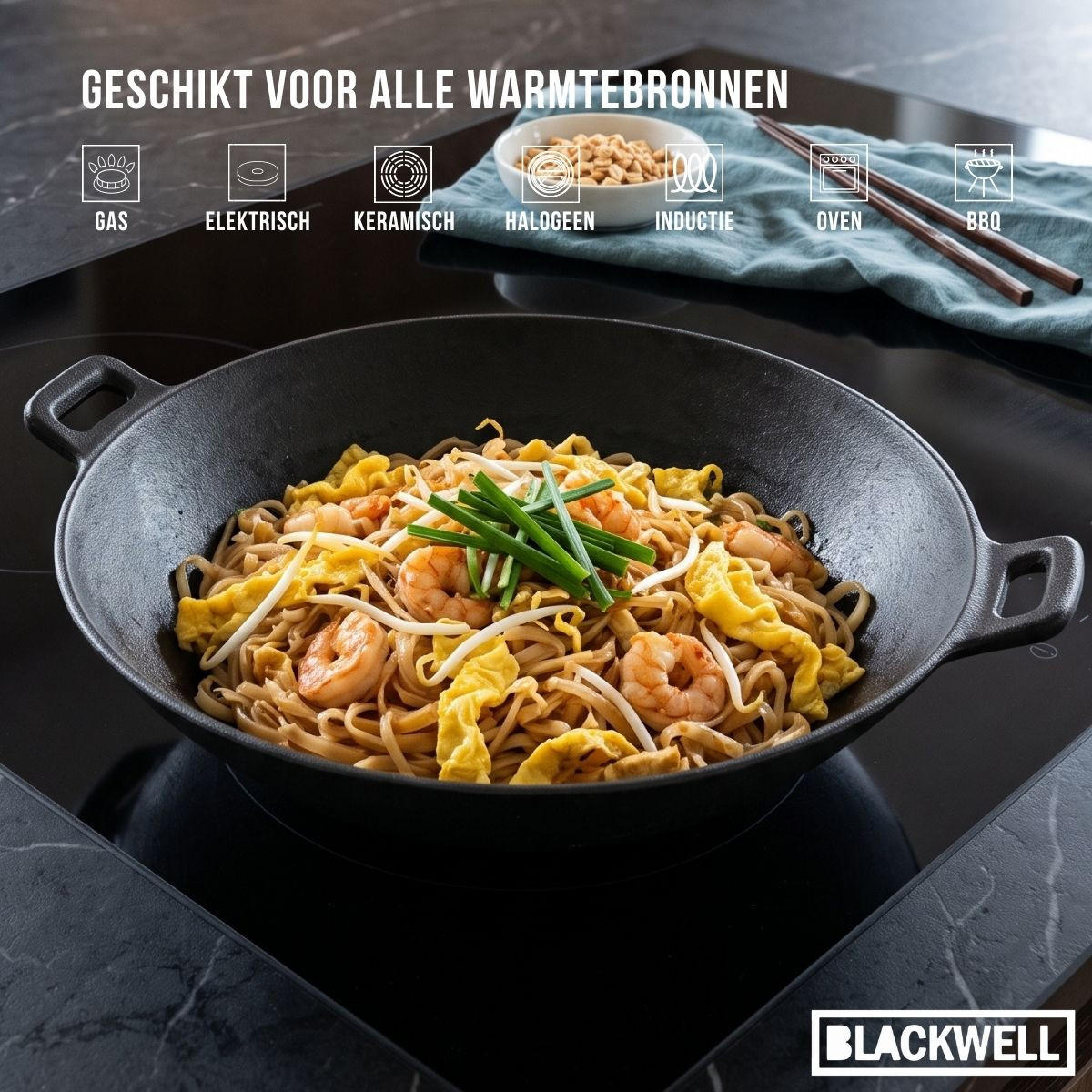 WOKPFANNE Gusseisen Ø 32 cm / 3.3 Liter – ohne Antihaftbeschichtung – geeignet für alle Wärmequellen - Schwarz, Keramik (32cm) - Blackwell