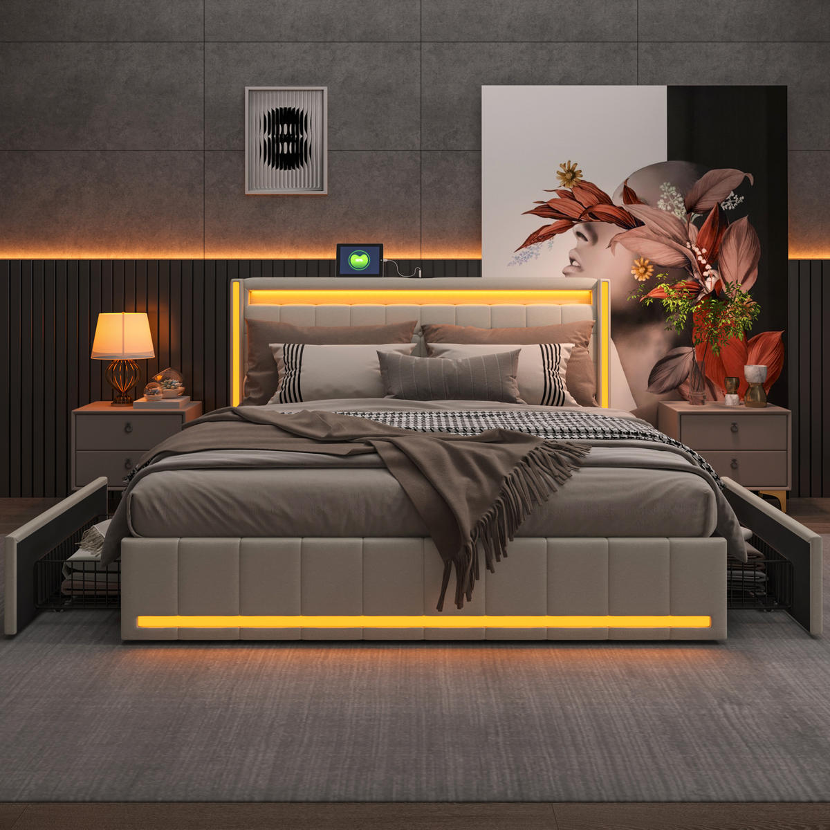 POLSTERBETT 180x200 cm, doppelbett, mit 4 Aufbewahrungsschubladen, LED-Licht und USB-Anschluss, Leinenstoff, beige - Beige, Holz/Textil (180/200cm) - BRILVERDE