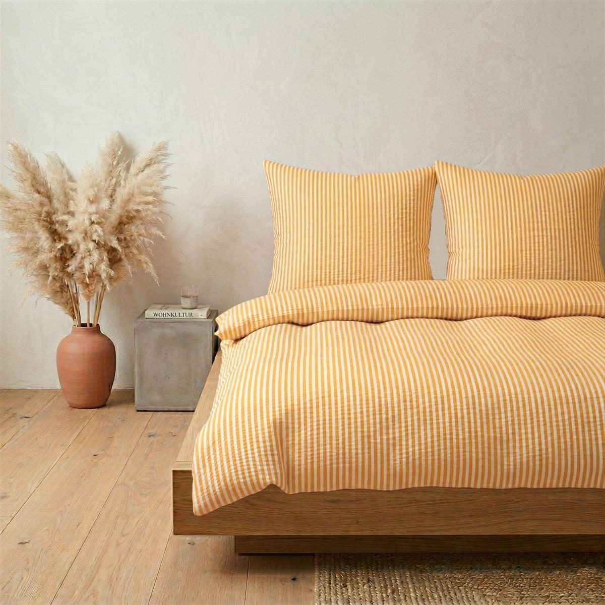 SEERSUCKER-BETTWÄSCHE 155x220 gestreift Sommer Bettbezug Bügelfrei aus 100% Baumwolle, Bettbezüge Streifen Muster Gelb - Gelb, Textil (155/220cm) - Carpe Sonno