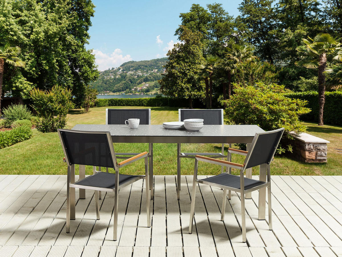 GARTENMÖBEL SET 4-Sitzer Keramik-Glas Granit Optik Rattan schwarz Cosoleto/Grosseto - Silberfarben/Schwarz, Glas - Beliani