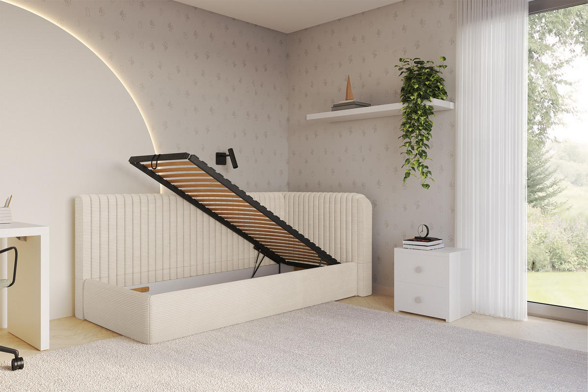 EINZELLBETT Jugendbett mit Bettkasten und Matratze H3/H4, Links - AURY 100x200 Beige - Creme, Holzwerkstoff/Textil (100/200cm) - ALTDECOR