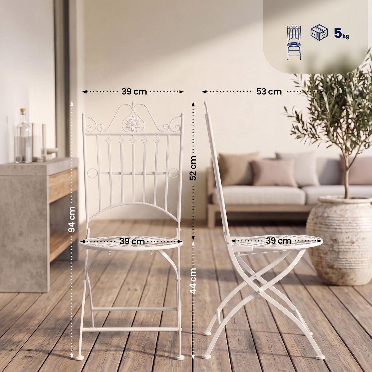 GARTENKLAPPSTUHL Metall Weiß - Weiß, Metall (39/94/53cm) - CLP