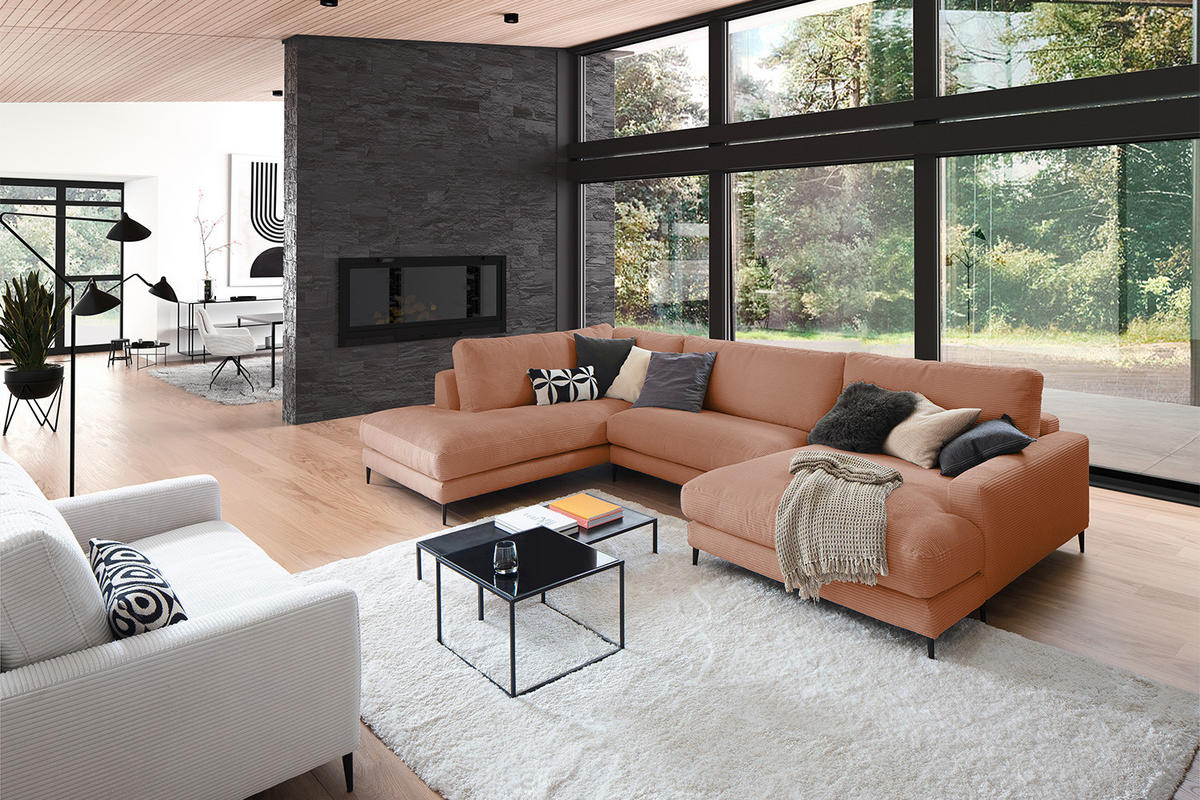 WOHNLANDSCHAFT CARA Braun Cord - Dunkelbraun/Schwarz, Textil (341/84/223cm) - KAWOLA