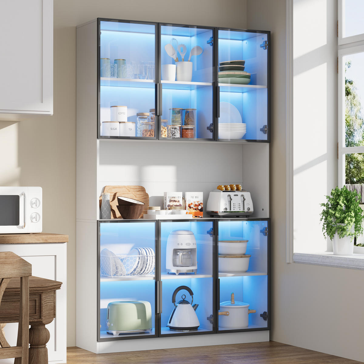 VITRINE 120/34/200 cm weiß aus MDF und Glas mit LED und 6 Türen - Weiß, Holzwerkstoff (120/200/34cm) - OKWISH