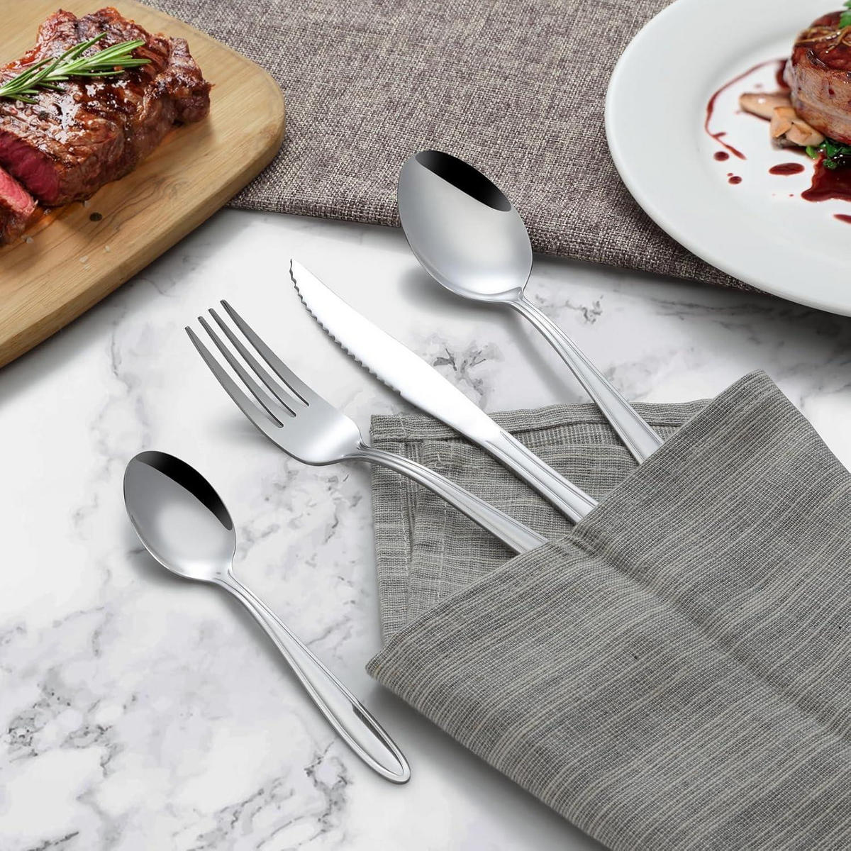 BESTECKSET 24-teilig Edelstahl 6 Personen Liniengriff Spülmaschinenfest - Silberfarben, Metall