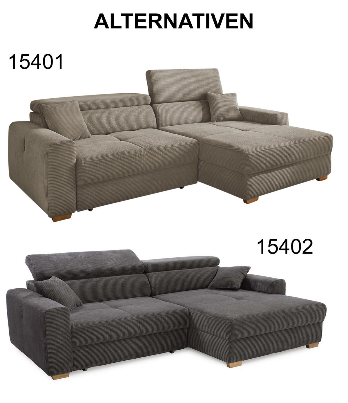 ECKSOFA mit elektrischer Sitztiefenverstellung, Kopflehnen verstellbar, USB-A und USB-C Ladefunktion B277/T187/H109 cm, Cord Braun Taupe / 15401 - Taupe/Eichefarben, Eichenholz/Textil (277/187cm) - luma-home