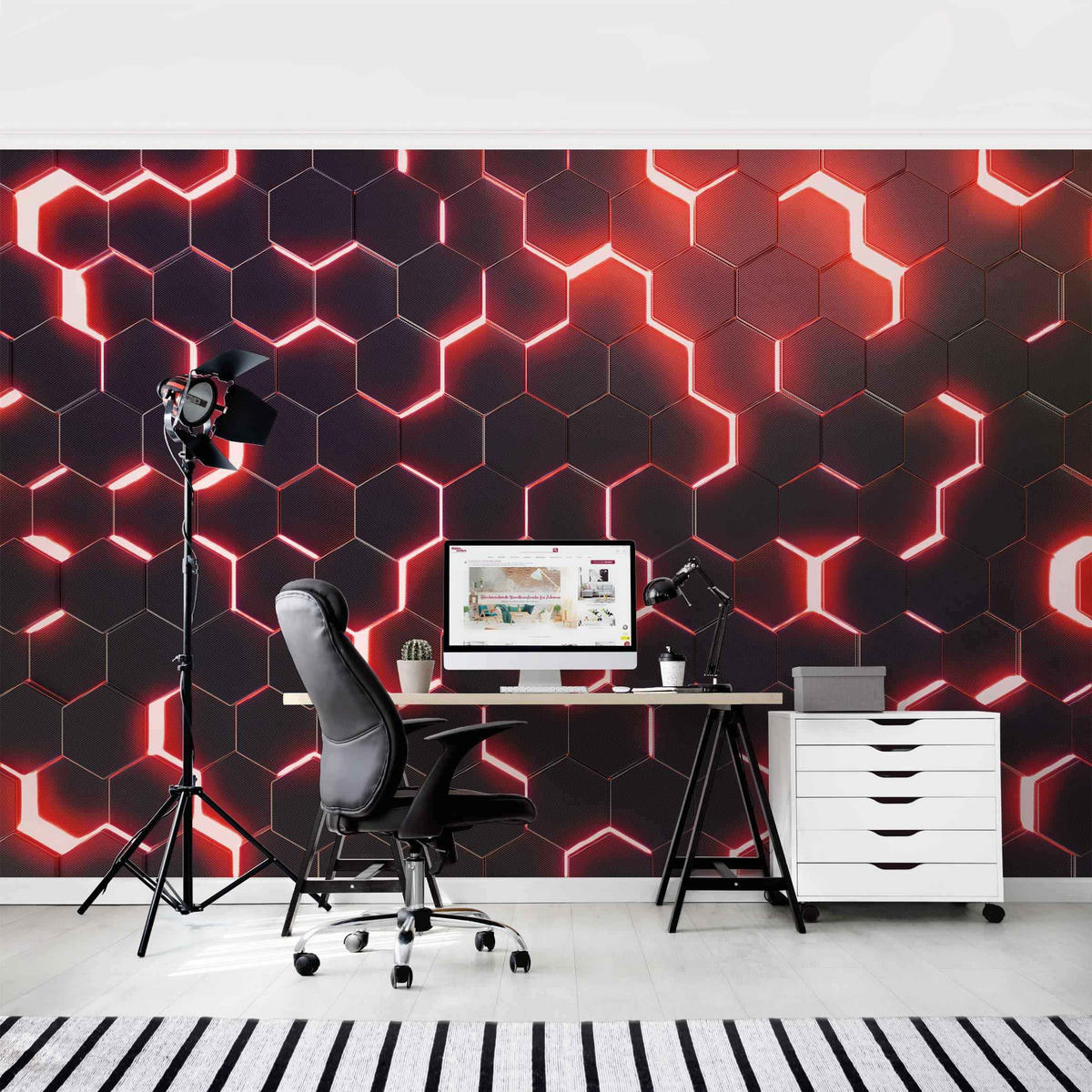 FOTOTAPETE Strukturierte Hexagone mit Neonlicht in Rot 288/190 cm - Schwarz, Papier (288/190cm) - Bilderwelten