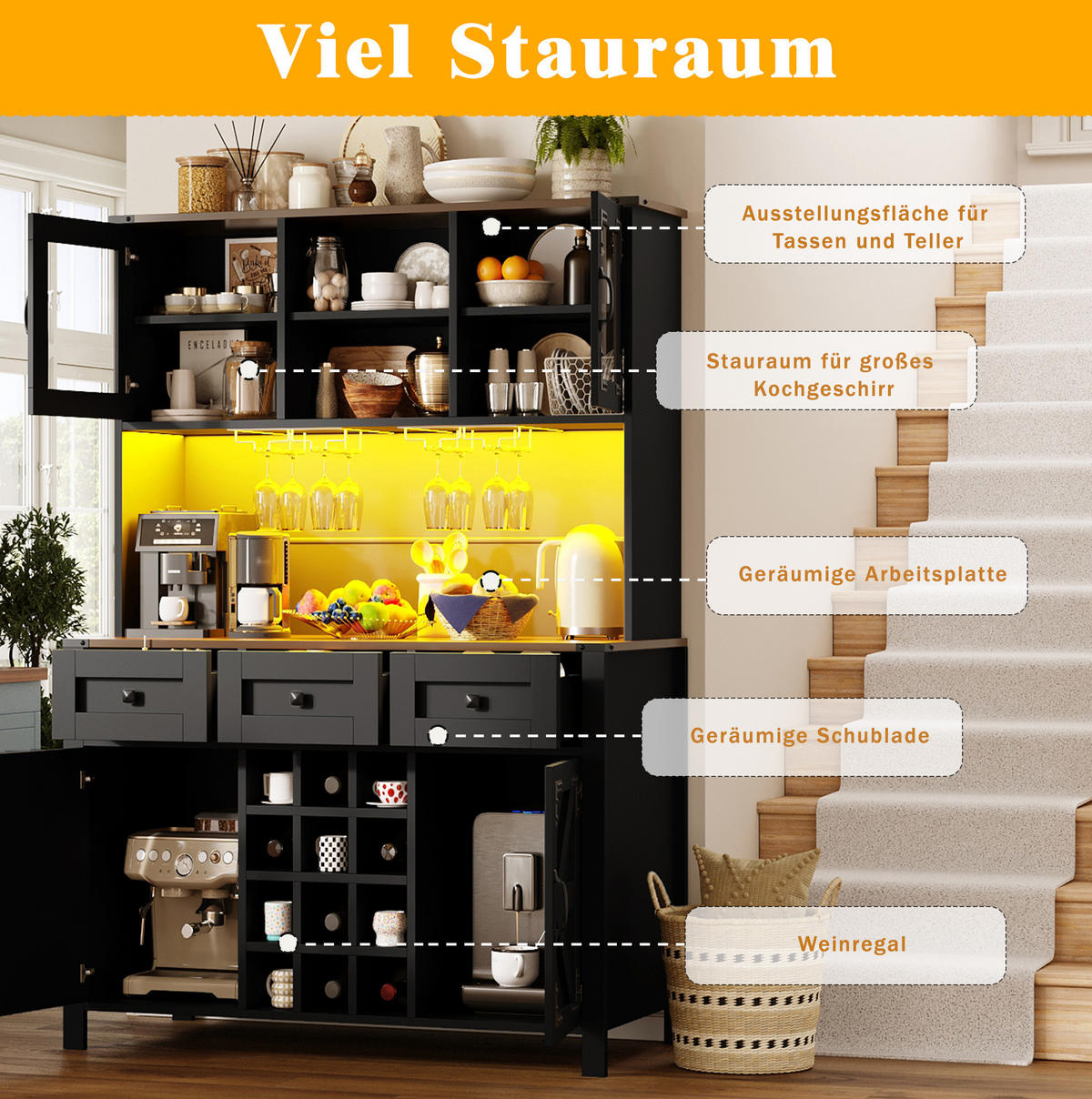 BUFFET 120/40/170 cm aus MDF und Glas mit LED-Beleuchtung und Steckdosenleiste Schwarz - Schwarz, Holzwerkstoff (120/170/40cm) - Modenvie