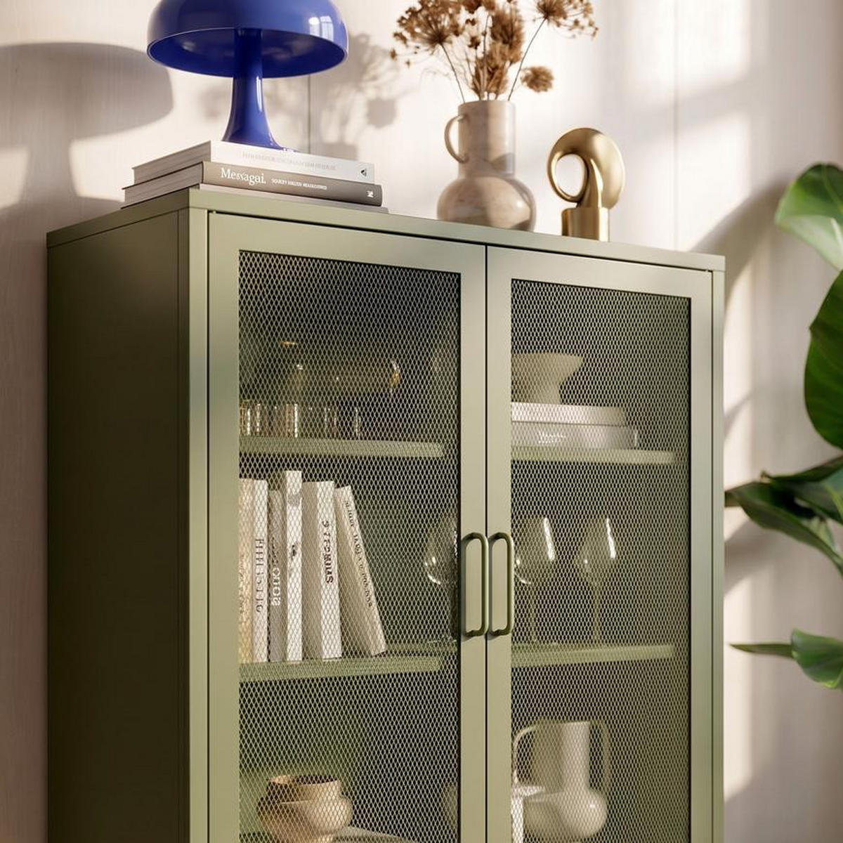 HIGHBOARD im Industrial-Design aus Metall H.120cm 2 Türen Streckmetall Olivgrün - Kai - Grün, Metall (85/120/45cm) - Sicaan