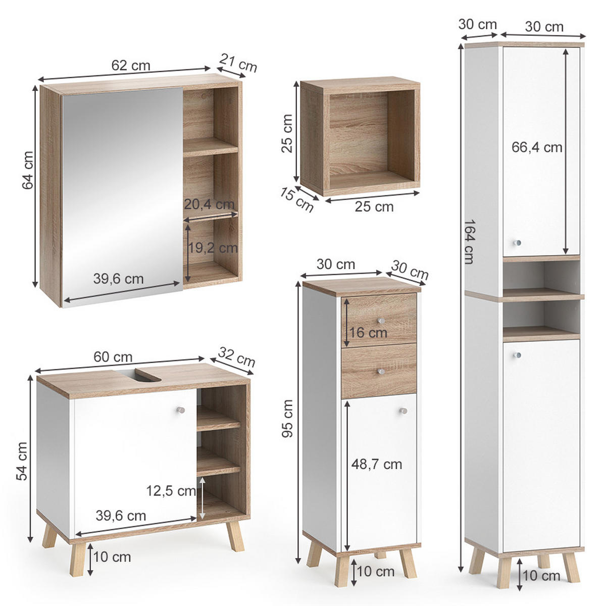 BADMÖBEL-SET Senyo Weiß 5 Teile - Weiß/Sonoma Eiche, Holzwerkstoff (62/54/32cm) - Vicco