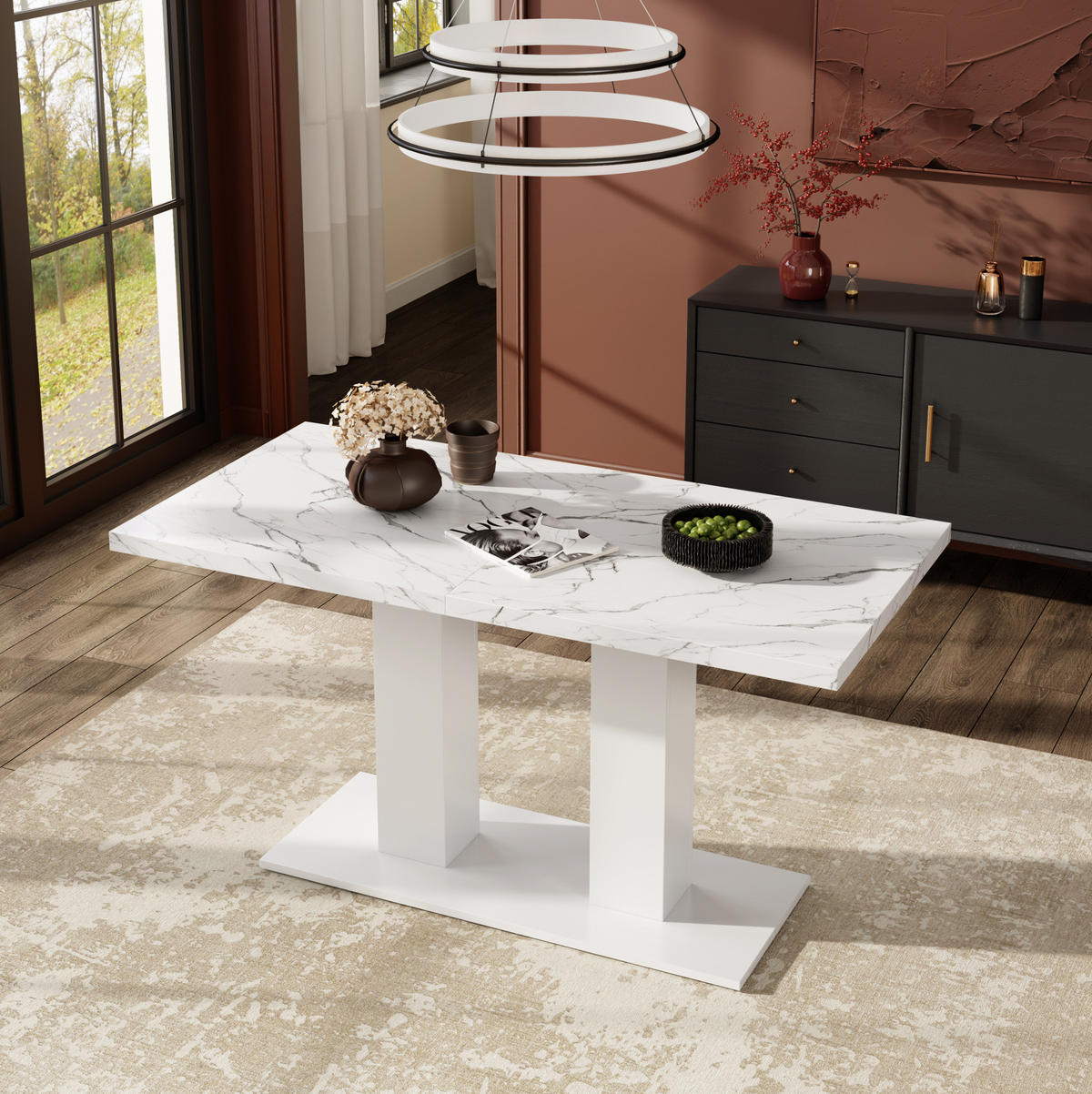 ESSTISCH 140/180/70 cm ausziehbar mit 30 mm starker MDF-Tischplatte und Doppelsäulenfuß, Weiß - Weiß, Holzwerkstoff (180/70/75cm) - Redom