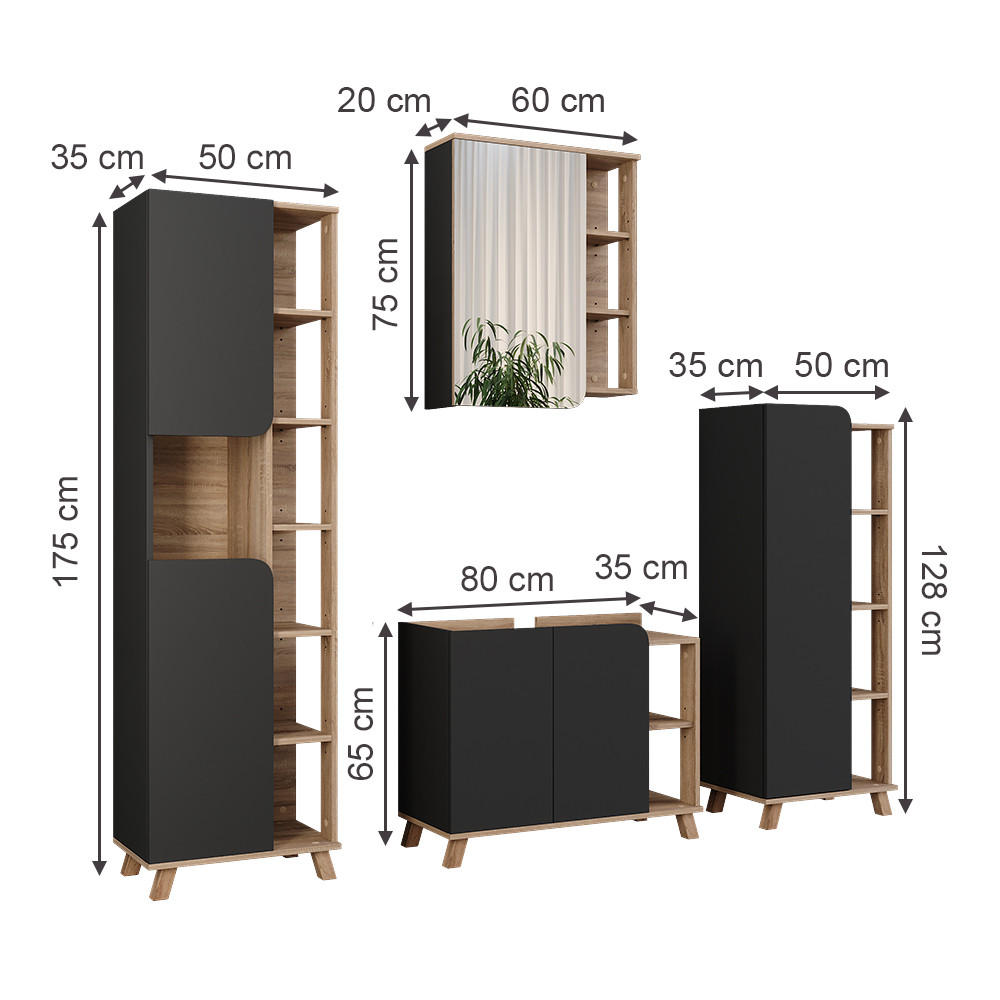 BADMÖBEL-SET Karen Sonoma/Anthrazit 4 Teile - Anthrazit, Holzwerkstoff (80/65/35cm) - Vicco