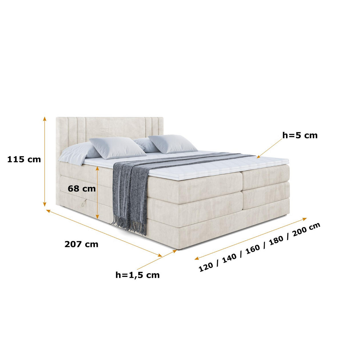 BOXSPRINGBETT IDRIKO KING - 140x200 - H3/H4 - Creme - Creme, Holzwerkstoff (140/200cm) - ALTDECOR