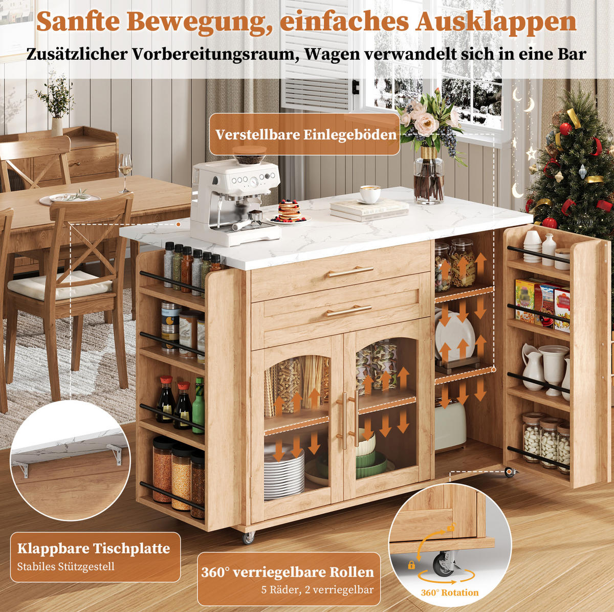 KÜCHENINSEL 120/45-70/90 cm aus MDF mit klappbarer Arbeitsplatte Natur - Naturfarben, Holzwerkstoff (138/90/70cm) - Modenvie