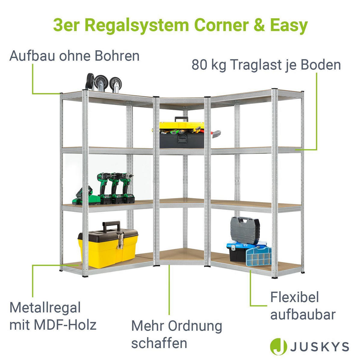 REGALSYSTEM Easy silber insgesamt 12 Böden (3er-Set) - Silberfarben, Metall (155/160/155cm) - Juskys