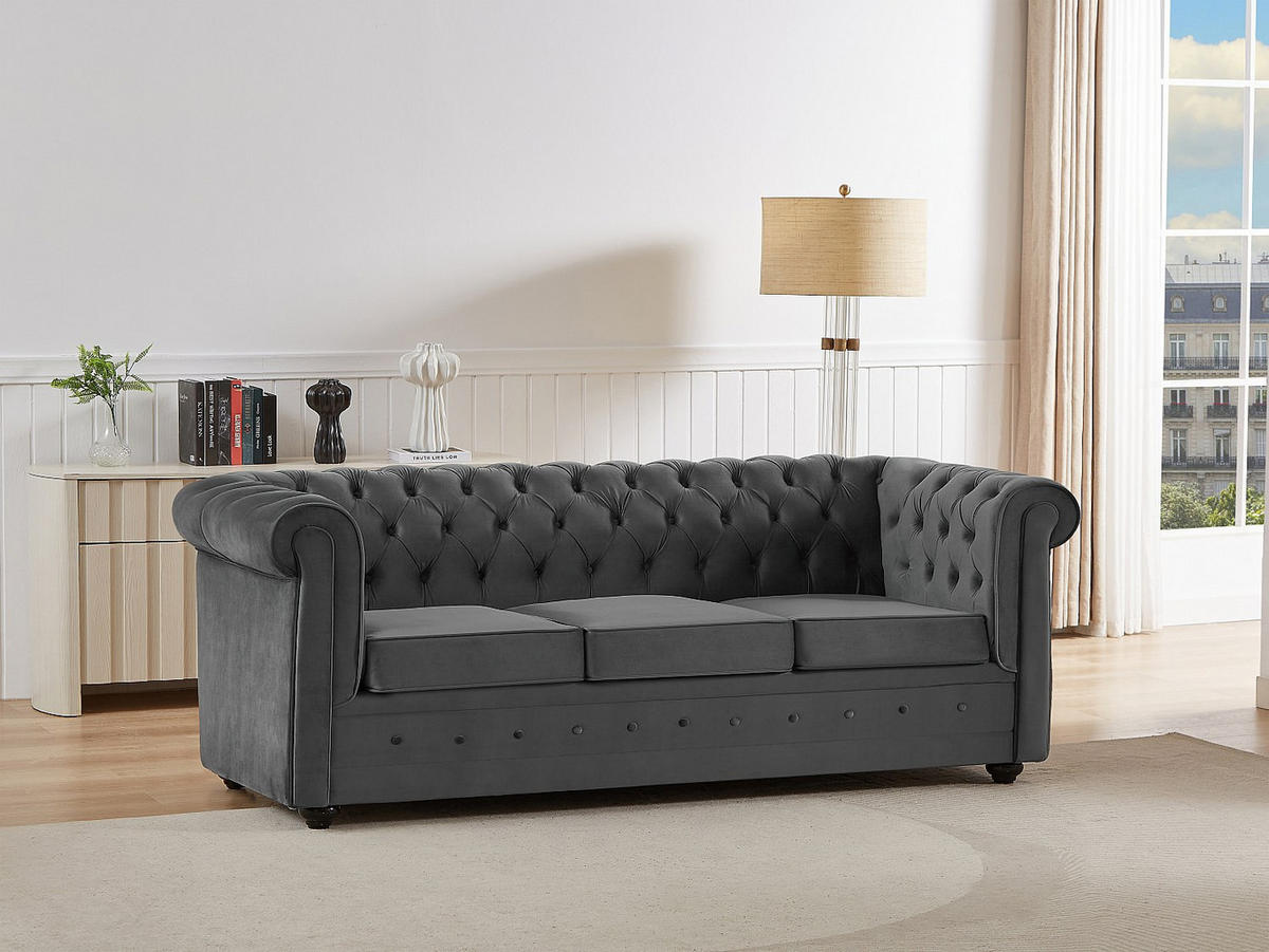 SOFA mit Schlaffunktion 3-Sitzer - Samt - Anthrazitgrau - CHESTERFIELD - Anthrazit, Textil (204/85/89cm) - Vente-Unique