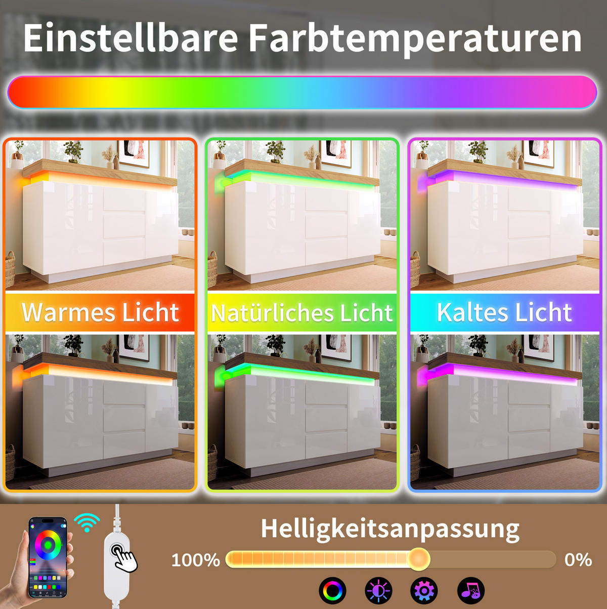 KOMMODE aus Spanplatte und MDF 39x140x81 cm Weiß mit LED-Beleuchtung, 2 Türen, 3 Schubladen und verstellbaren Einlegeböden - Weiß, Holzwerkstoff (140/81/39cm) - Modfu