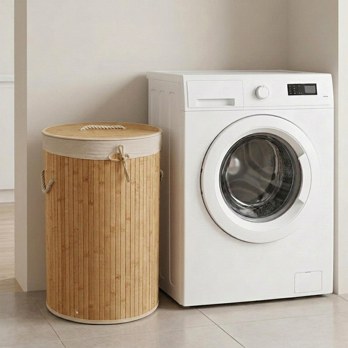 TVÄTTKORG kräm bambu rund med lock hopfällbar 70 l - Cremefärgad, Trä/Textil (41/65/41cm) - Relaxdays