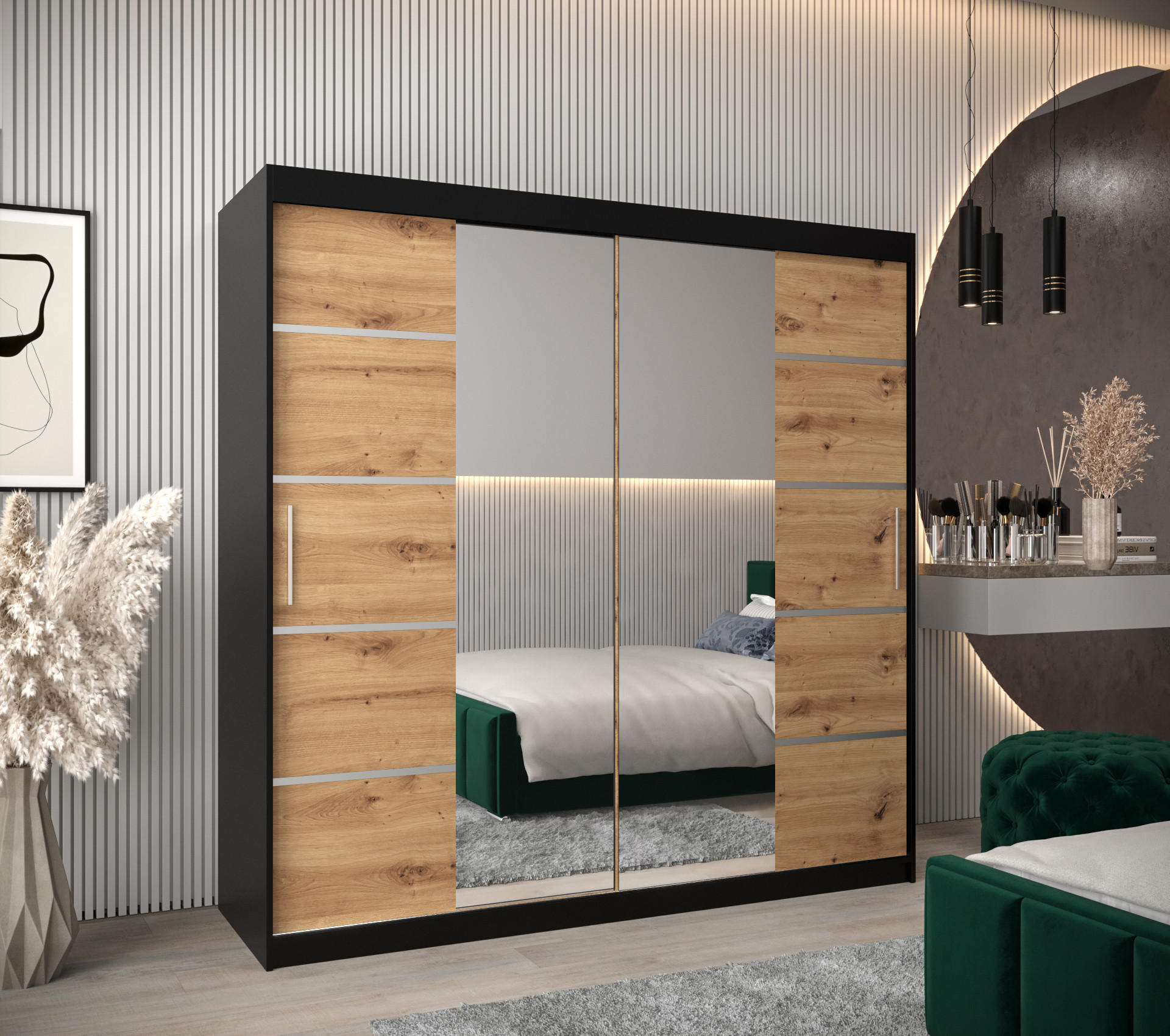 SCHWEBETÜRENSCHRANK 200/200/62 2-türig - Silberfarben/Schwarz, Holz/Kunststoff (200/200/62cm) - MÖBEL KRYSPOL