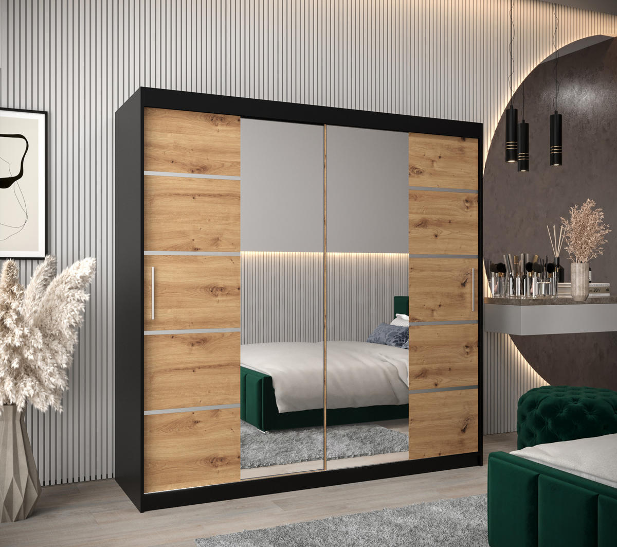 SCHWEBETÜRENSCHRANK 200/200/62 2-türig - Silberfarben/Schwarz, Holz/Kunststoff (200/200/62cm) - MÖBEL KRYSPOL