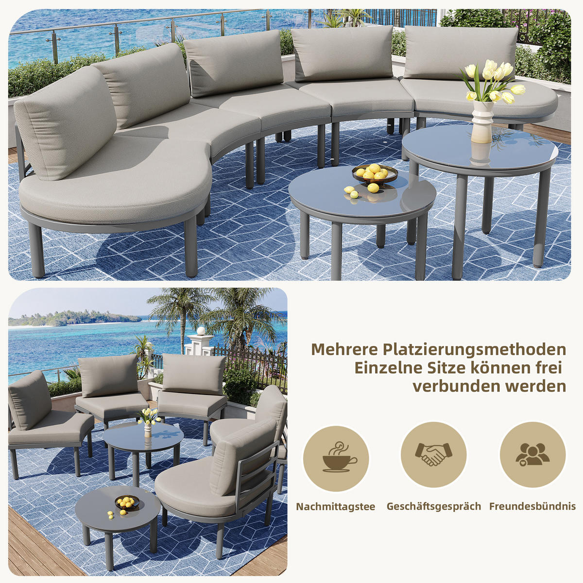 LOUNGEMÖBEL-SET 5-Sitzer mit Sitzkissen - Grau, Glas/Metall - Urban Meuble
