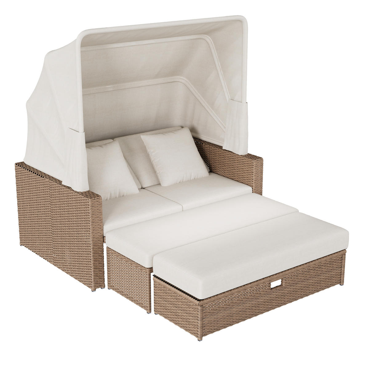 GARTENLOUNGE 136/94/142 cm khaki aus PE-Rattan und Polyester mit Markise und höhenverstellbarem Tisch - Beige, Metall - OKWISH