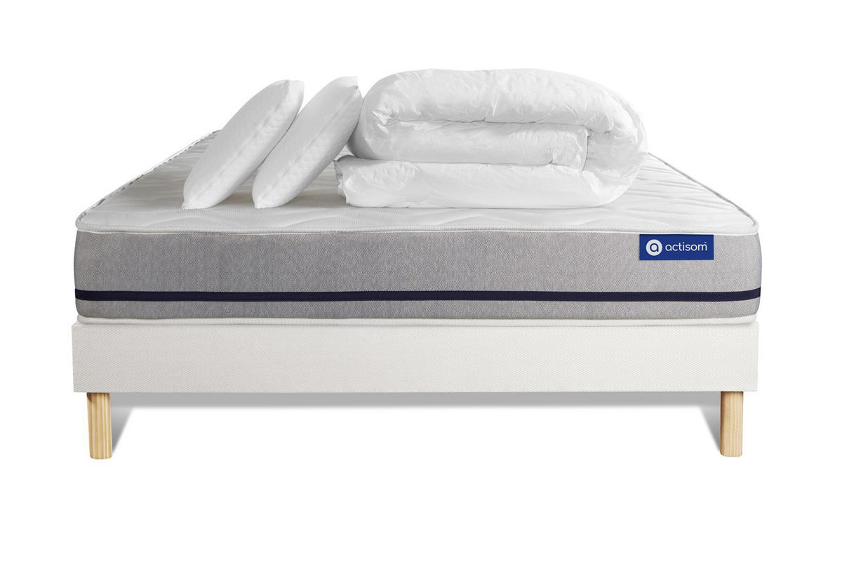 BETT Actiflex soft Taschenfederkern 140 x 190 cm h2 - Kit Bettgestell Weiß - Mit Kissen und Bettdecke - Beige/Weiß, Holz/Textil (140/190cm) - ACTISOM