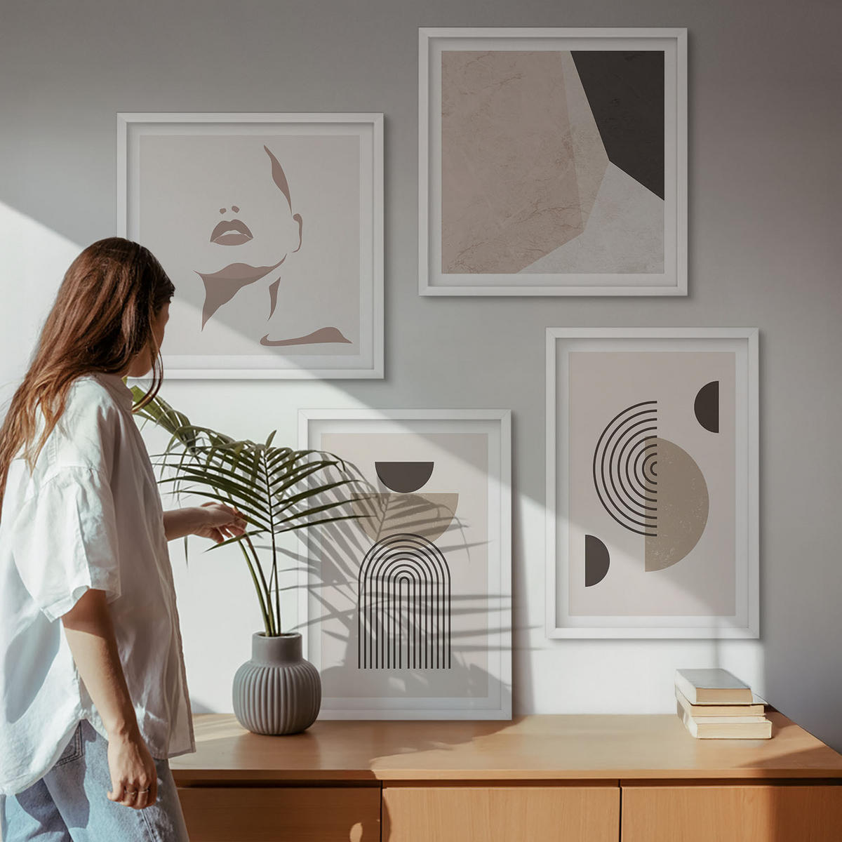BILDER SET 4er Set - 50x50 cm & 40x60 cm Weißer Rahmen - Abstrakte Gesichtsformen - Weiß, Kunststoff (50/50cm) - TULUP