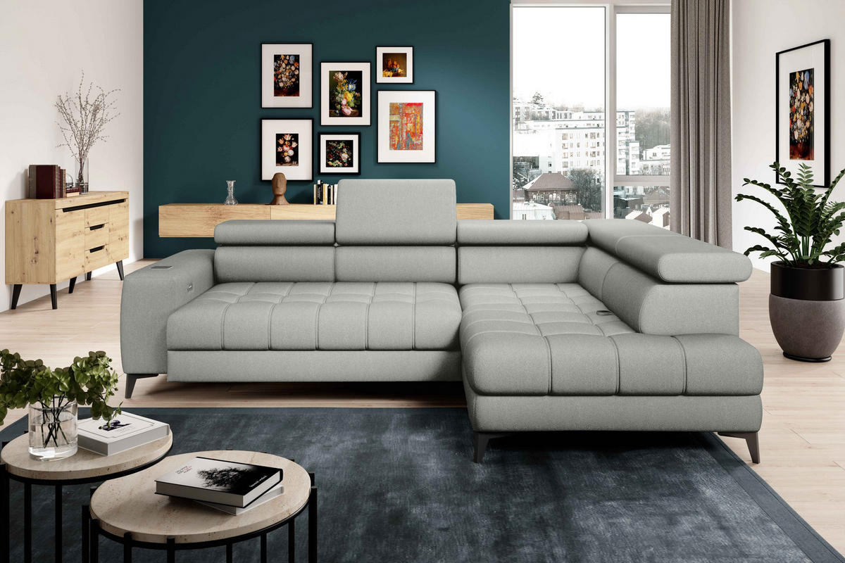ECKSOFA BAGGIO Letto Stoff, Schlaffunktion, Bettkasten, Sitztiefe, Kopfstützen 280x196cm – Rechts – Esche - Silberfarben, Holz/Textil (280/196cm) - DomoHome