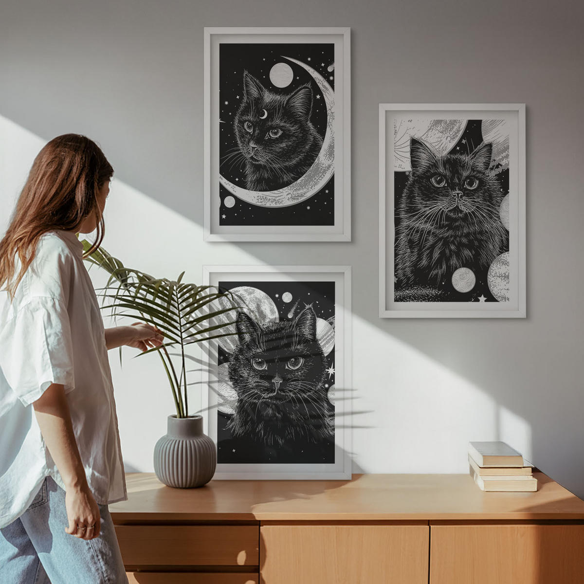 BILDER SET 3er Set - 40x60 cm Weißer Rahmen - Schwarze Katzen, Mond, Weltraum - Weiß, Kunststoff (40/60cm) - TULUP