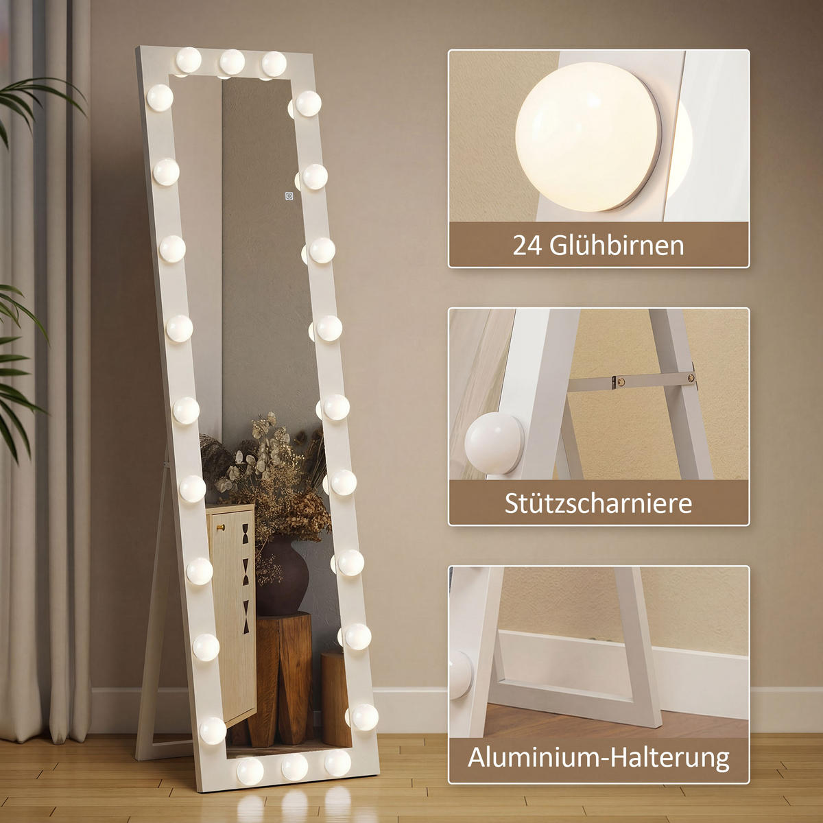 STANDSPIEGEL DE-09886 LED mit 24 Glühbirnen, 3 Lichtfarben Weiß - Weiß, Glas (40/150/4cm) - ComfortXL