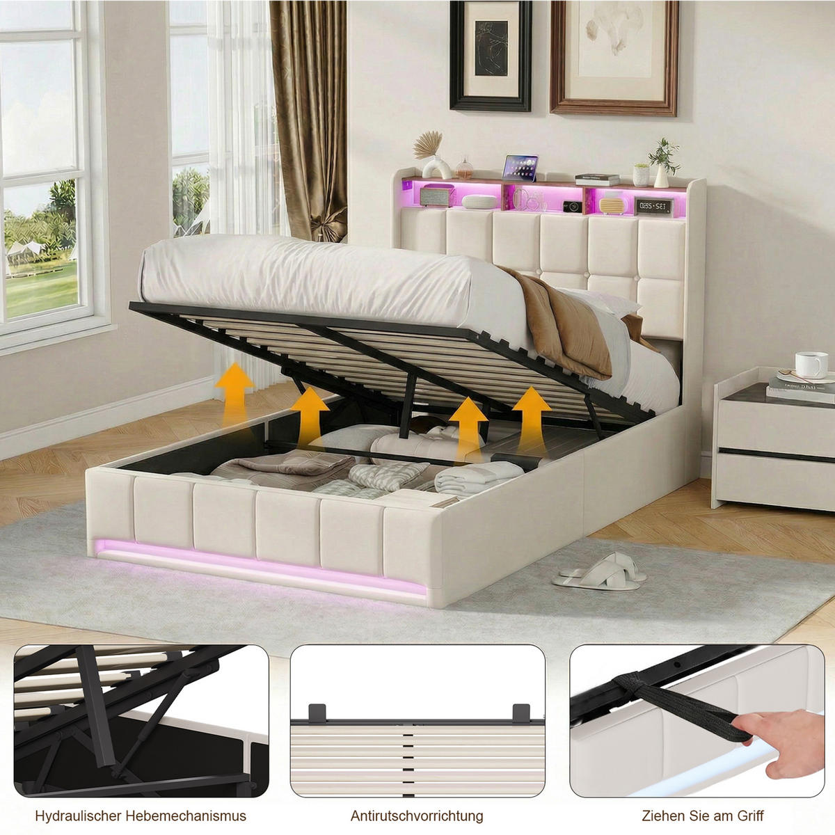 POLSTERBETT 140x200 cm Beige mit LED Beleuchtung, Kopfteil mit Stauraum und USB/Type-C, hydraulisches Stauraumbett - Beige, Metall (140/200cm) - EuroLiving