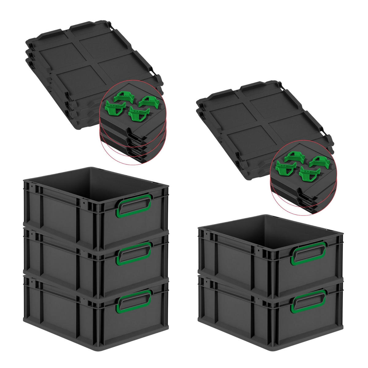 EUROBOX 5x NextGen Color mit Auflagedeckel 17x30x40 cm 16 Liter Schwarz Griffe grün zu - Schwarz/Grün, Kunststoff (30/17/40cm) - PROREGAL