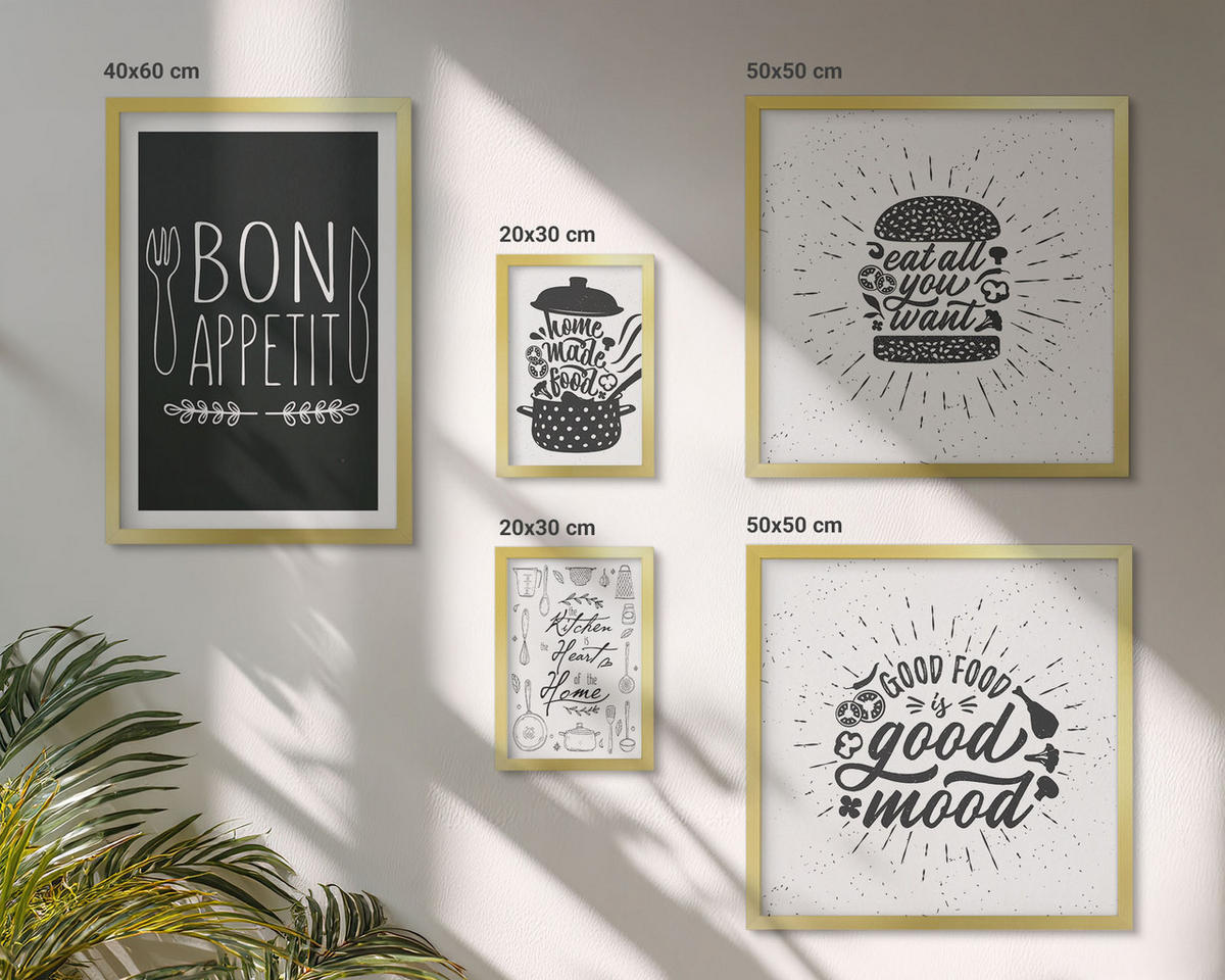 WANDBILDER 5er Set - 50x50 cm & 20x30 cm & 40x60 cm Goldrahmen - Grafiken, Lebensmittel, kulinarische Slogans - Goldfarben, Kunststoff (40/60cm) - ArtPrintCave