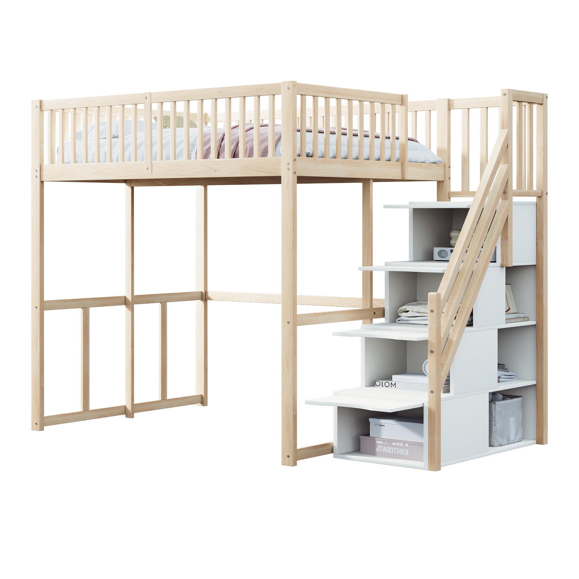 HOCHBETT 140/200 cm in Natur Kinderbett mit Stauraum und Sicherheitsaufstieg - Weiß/Naturfarben, Holz/Holzwerkstoff (140/200cm) - STILVORA
