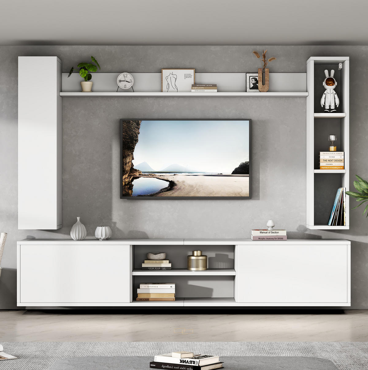 TV-WOHNWAND-SET(KOMPLETT-SET, 4-St) 180/35/33,5 cm aus Spanplatte mit flexibler Wand- und Standmontage Weiß - Weiß, Holzwerkstoff (180/33.5/35cm) - Modenvie