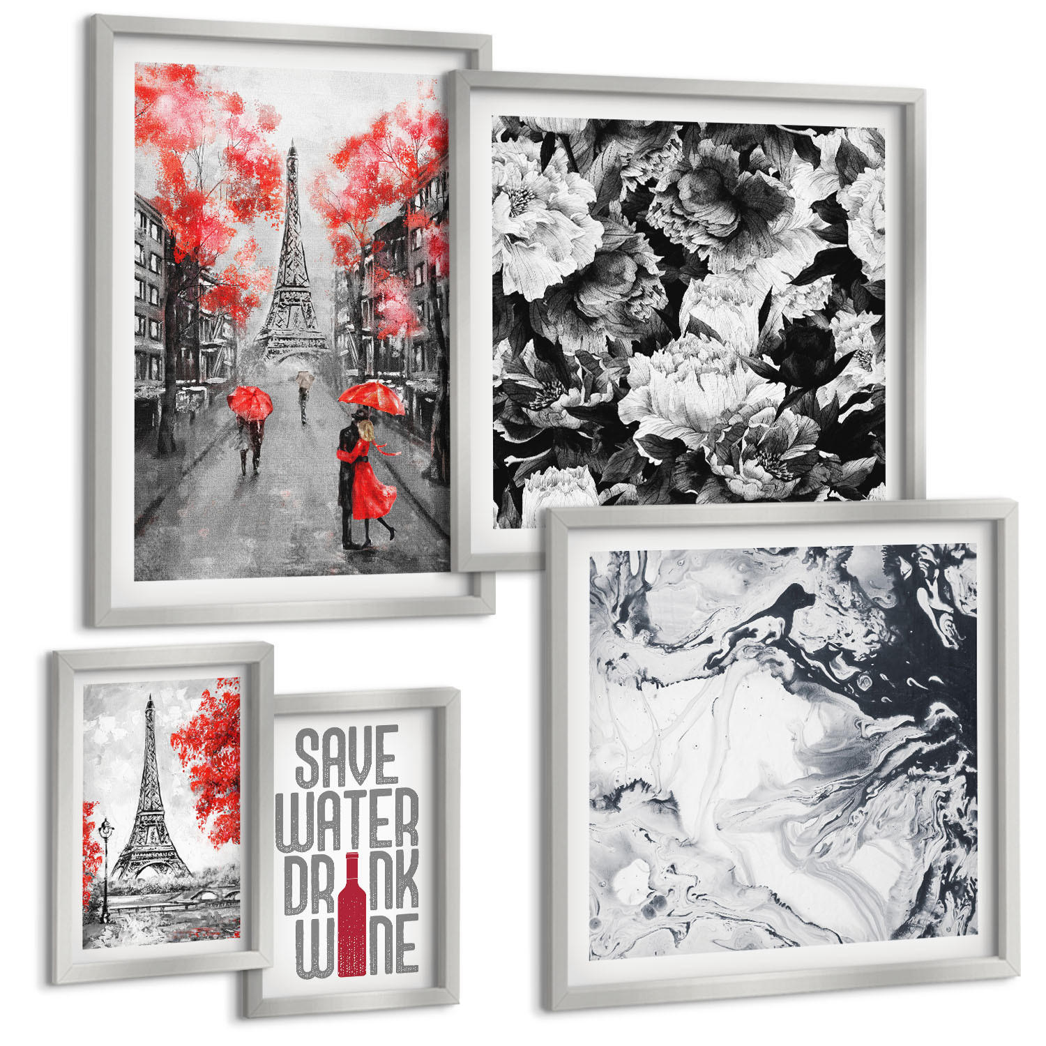 BILDER SET 5er Set - 50x50 cm & 20x30 cm & 40x60 cm Silberner Rahmen - graue Gemälde des Eiffelturms - Silberfarben, Kunststoff (40/60cm) - TULUP