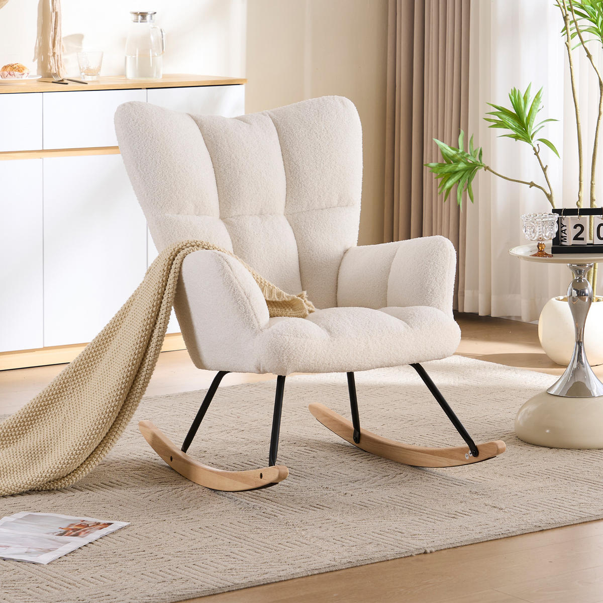 SCHAUKELSTUHL 73/92/94 cm Weiß mit Massivholzrahmen für Wohnzimmer Schlafzimmer Balkon - Weiß, Textil (92/94/73cm) - OKWISH