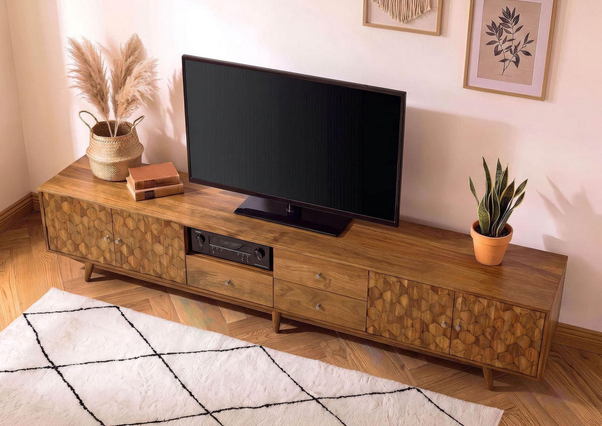 TV-BOARD Akazie 260x40x49 natur lackiert MOSAYK #118 - Naturfarben, Holz (260/49/40cm) - Massivmoebel24