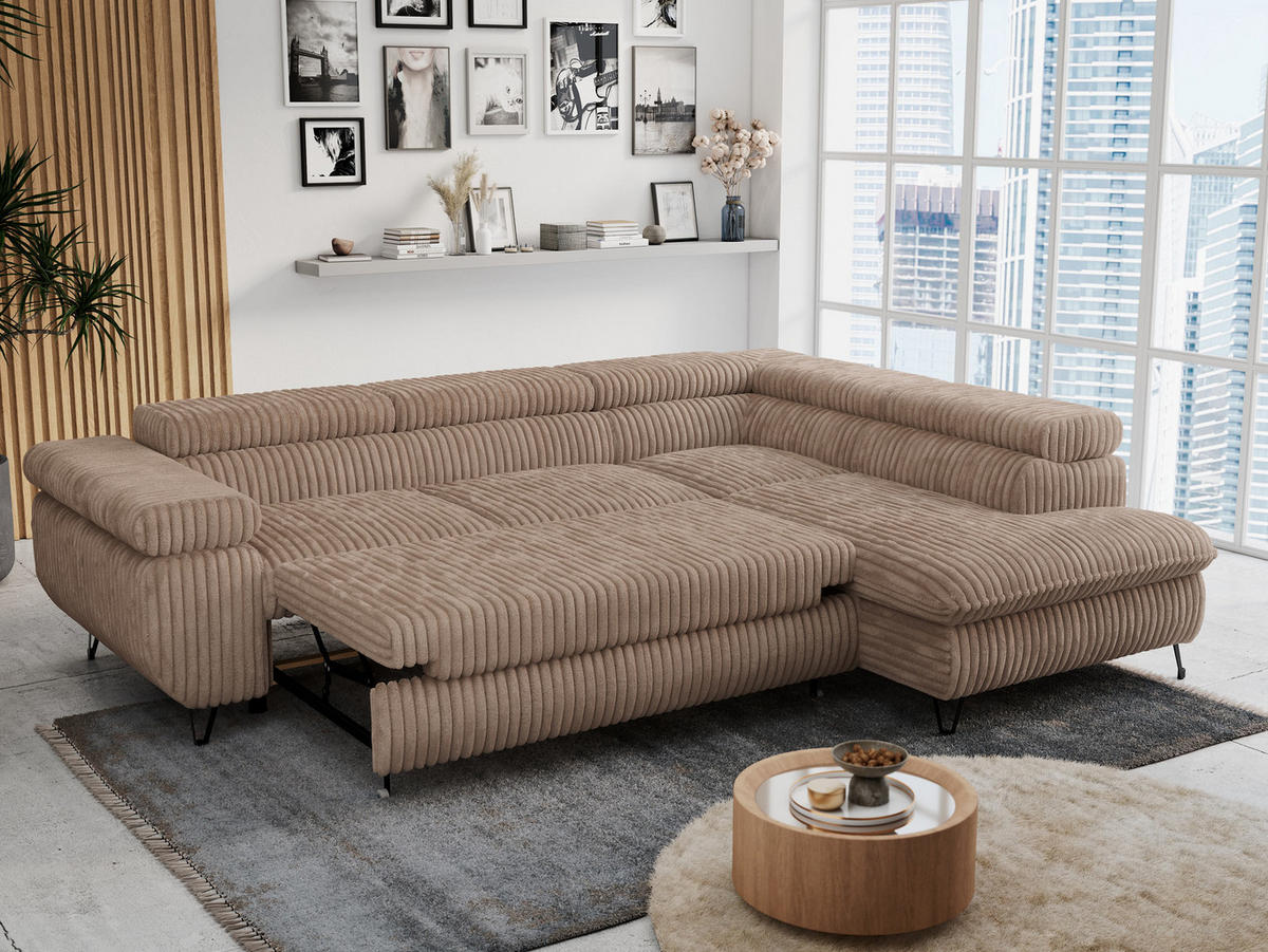 ECKSOFA PETER L Braun Cord - Rechts Seite - Schwarz/Braun, Textil/Metall (273/208cm) - MKS