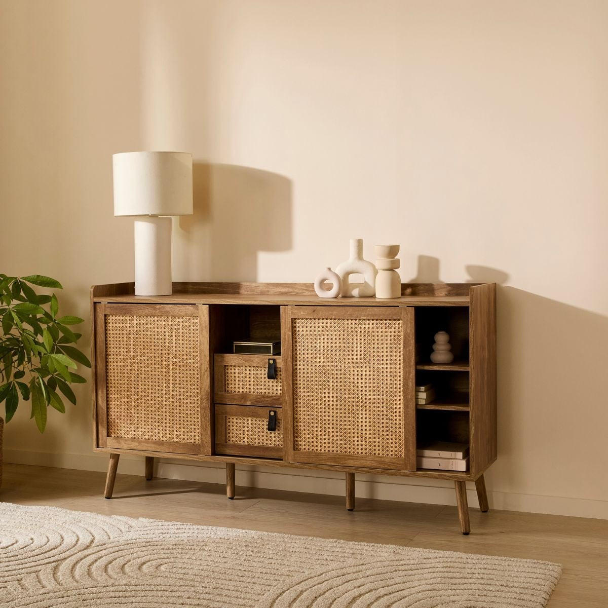 SIDEBOARD mit 2 Türen und 2 Schubladen mit Rattanfronten 39/140/80 cm - Eschefarben, Holzwerkstoff (39/80/140cm) - Calicosy