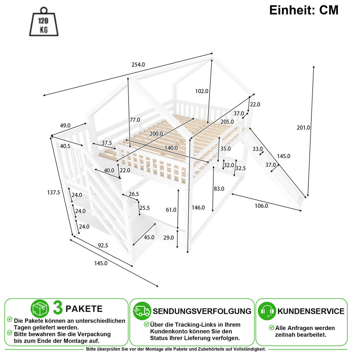 ETAGENBETT 140/200 cm in Weiß mit Stauraumtreppe, Rutsche und Hausbett-Design - Weiß, Holz/Holzwerkstoff (140/200cm) - CHICFURN