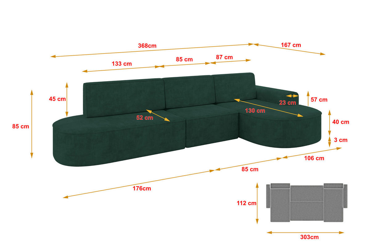 ECKSOFA mit Schlaffunktion Ottomane RECHTS MARI L2-S 368X167X85 Grün Velours - Waldgrün/Schwarz, Holzwerkstoff/Kunststoff (167/368cm) - ALTDECOR