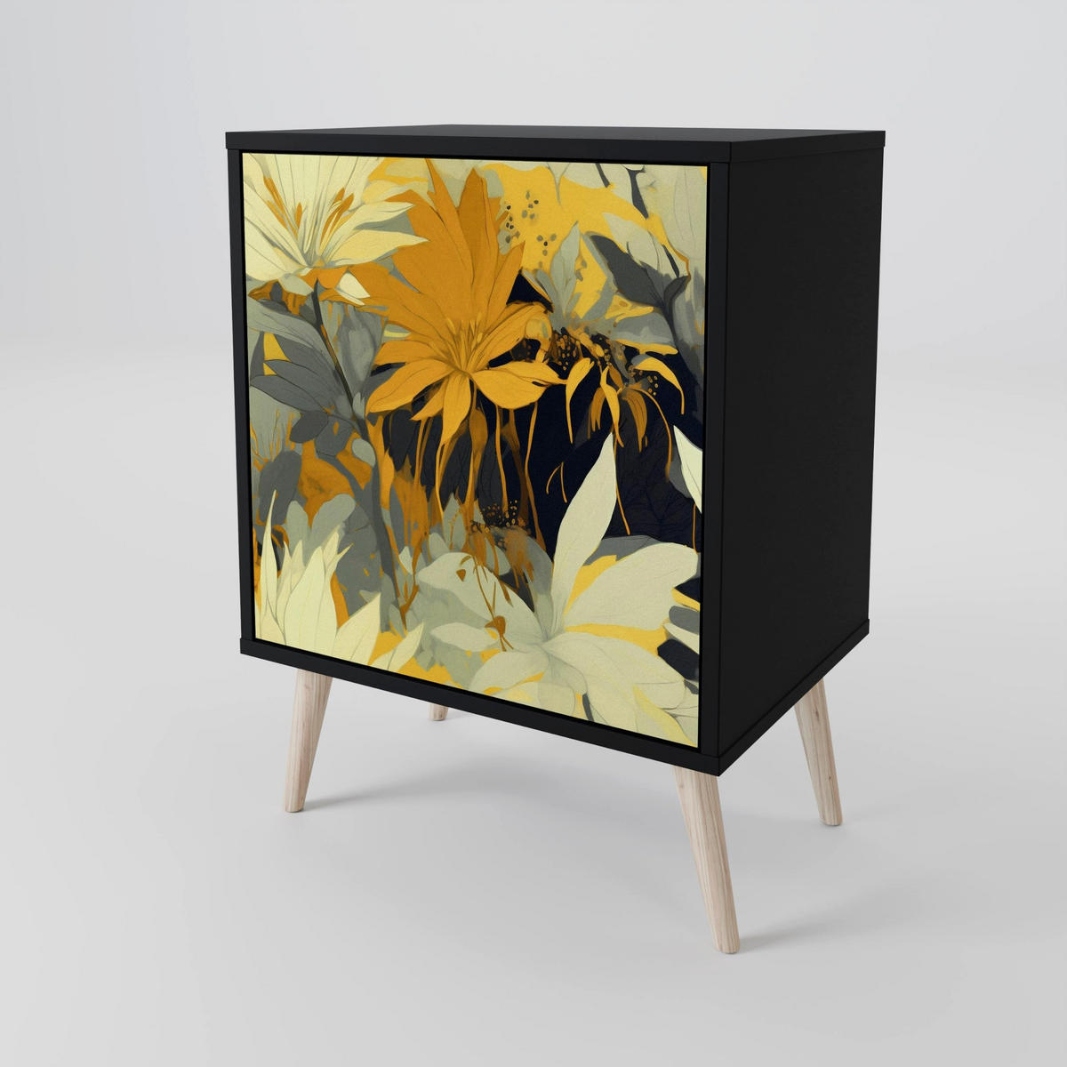 SIDEBOARD SUNKISSED LILY, Schwarz, 57,5x42x75,5 cm, Goldfarbene Metallfüße - Goldfarben/Multicolor, Holzwerkstoff/Metall (57.5/75.5/42cm) - SpaceRebels