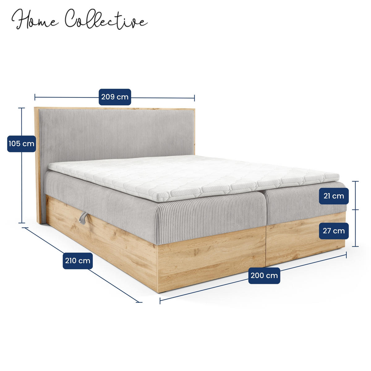 BOXBETT Holzoptik Sonoma mit Topper 200x200 cm Hellgrau - Hellgrau, Textil (200/200cm) - Home Collective
