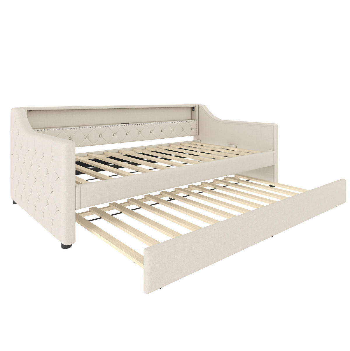 POLSTERBETT 90/200 cm mit Ausziehbett, LED-Beleuchtung und USB-Anschluss, Beige - Beige, Textil (90/200cm) - Redom