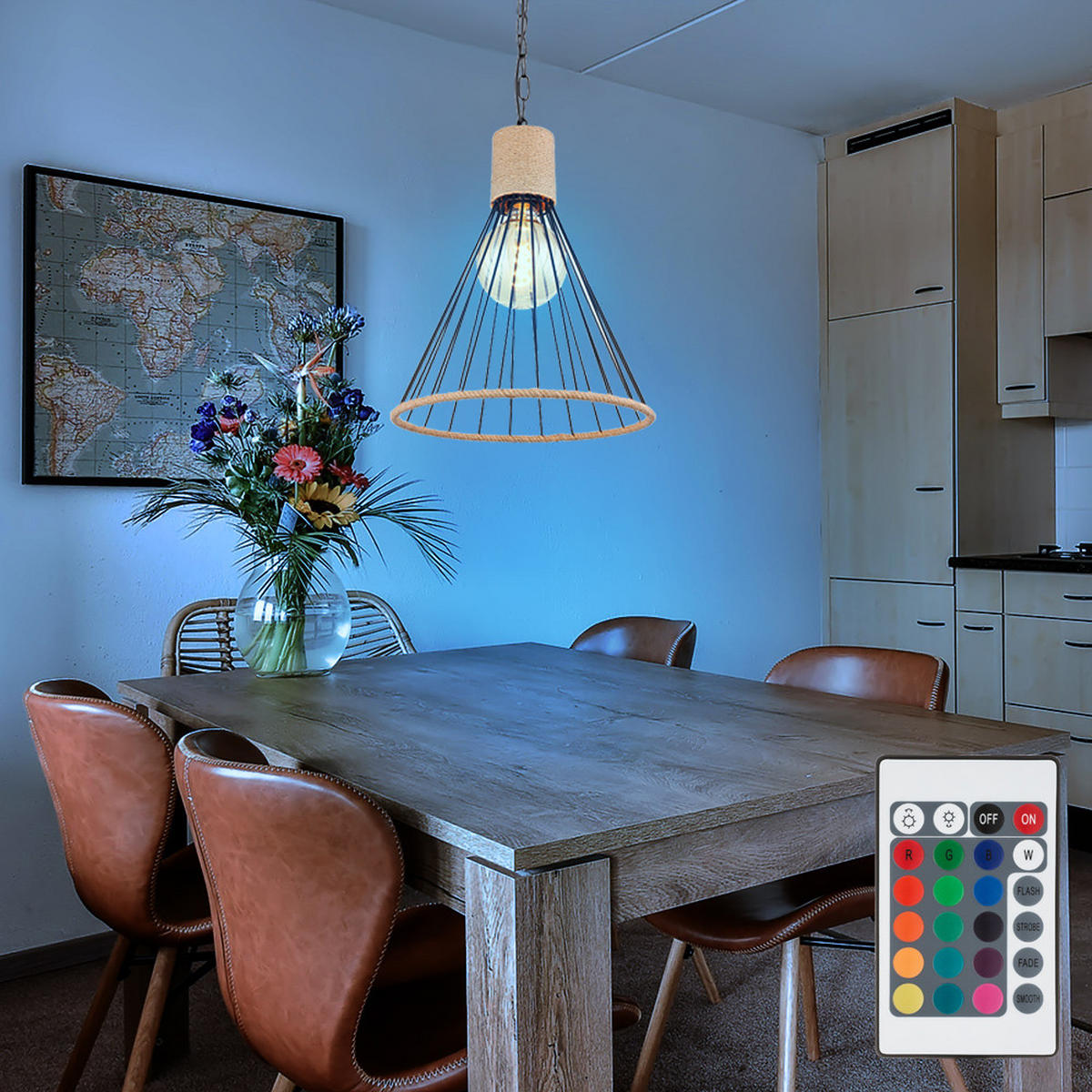 LED HÄNGELEUCHTE Hanfseil Schwarz - Schwarz, Metall (35/35/140cm) - Globo Lighting