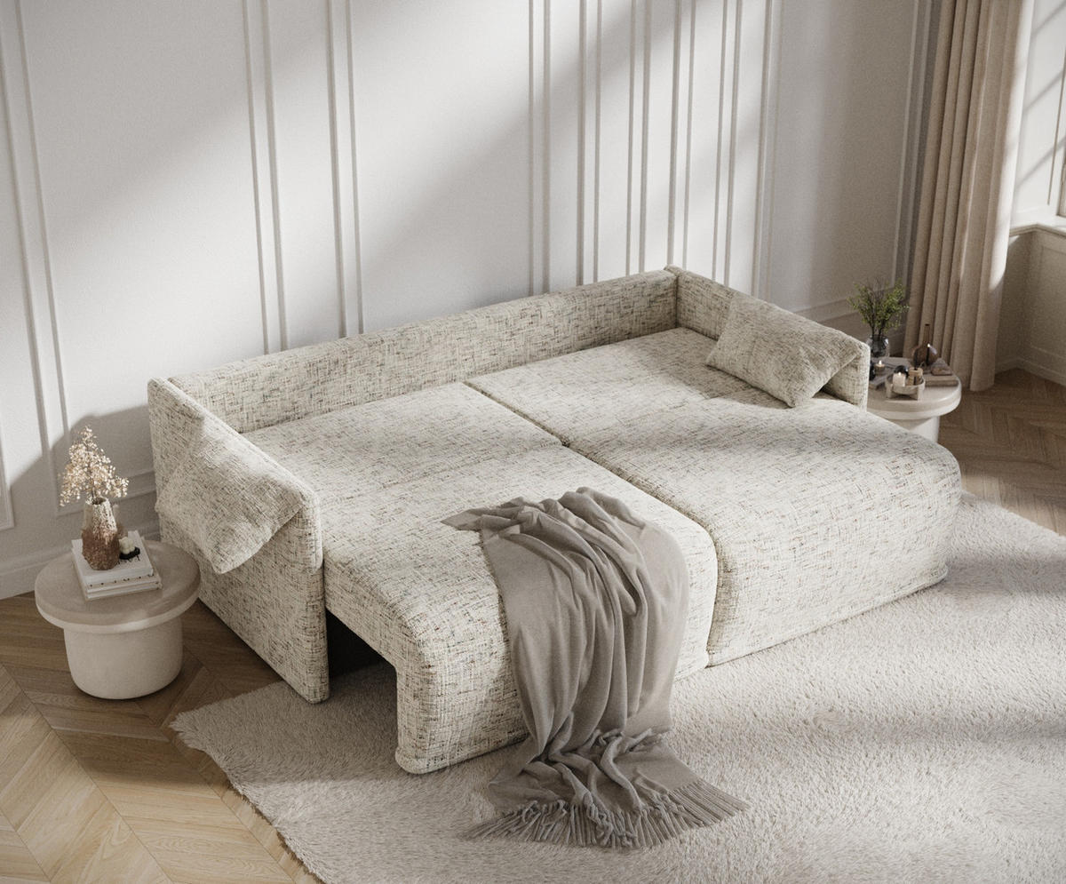 SCHLAFSOFA MIT ECKSOFA-FUNKTION Nappa Beige Webstoff - Beige/Schwarz, Holz/Holzwerkstoff (215/100/112cm) - Maison de Reve