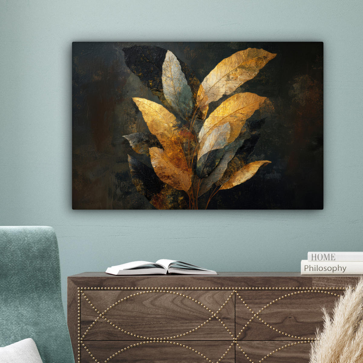 SLIKA NA PLATNU Listje 60x40 cm - zlate barve/črna, tekstil (60/40cm) - MuchoWow